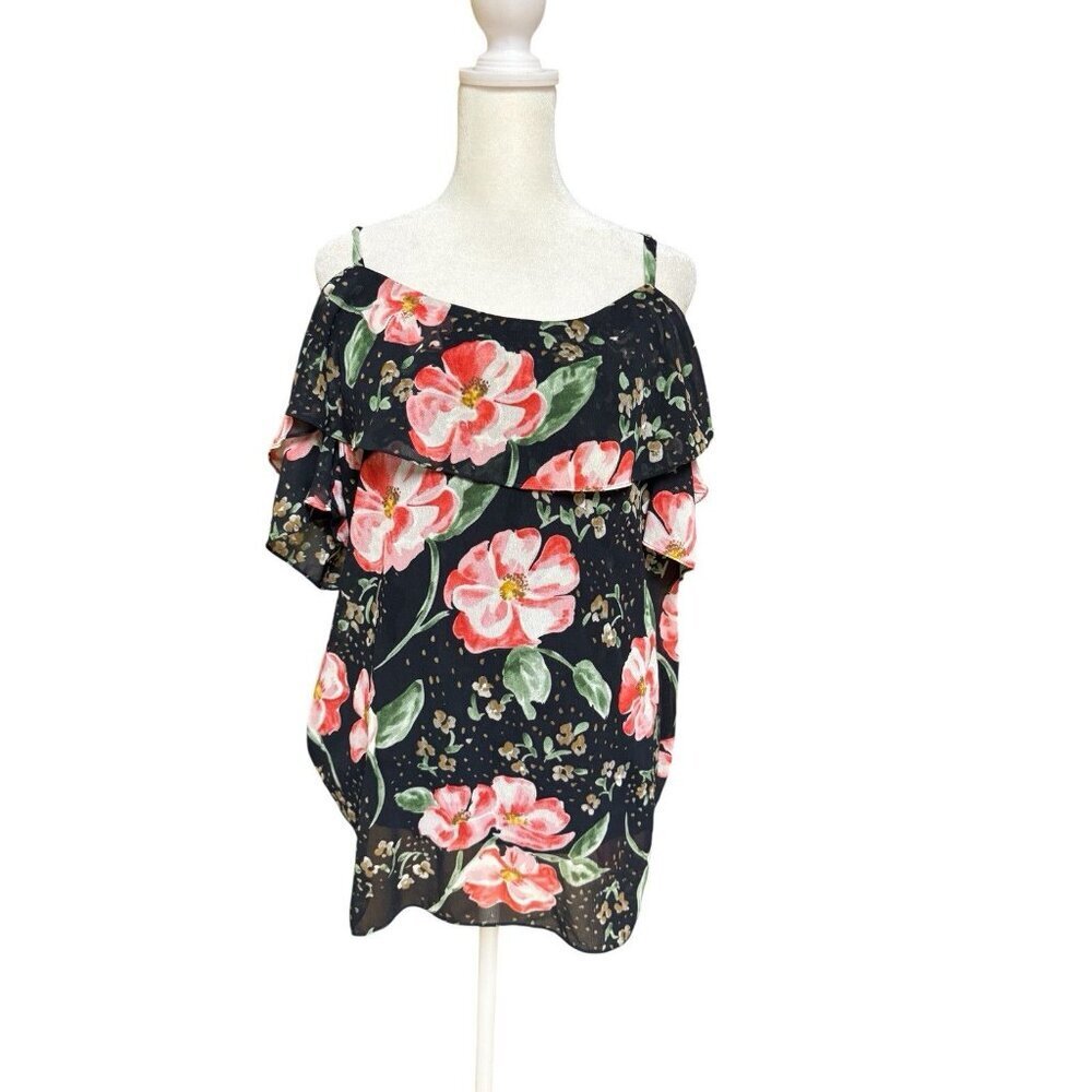 Cabi Floral Cold Shoulder Ruffle Blouse Sheer Navy Pink Size Medium